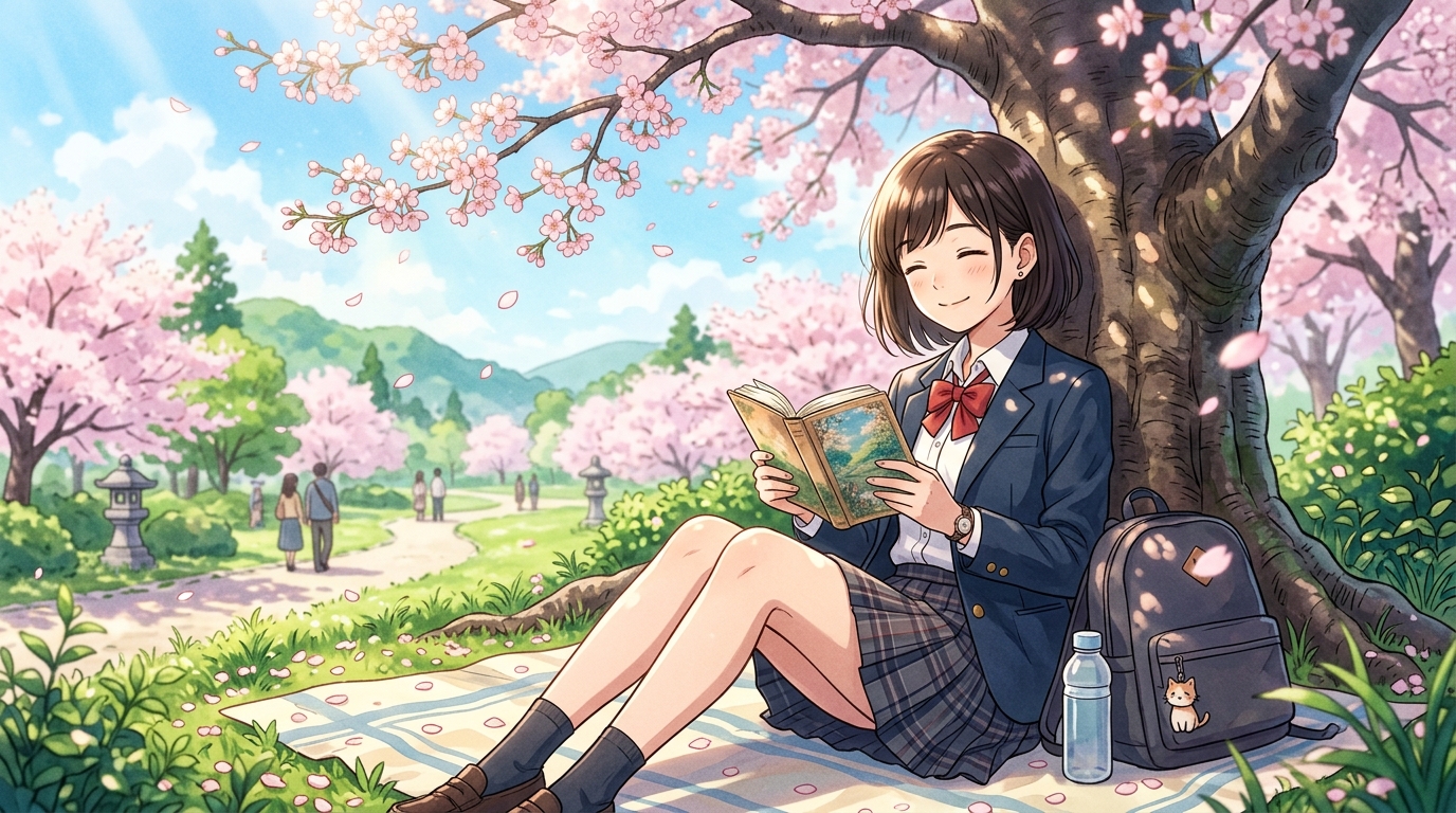 テスト勉強を終えて春の公園の桜の木の下で心地よく読書を楽しむ高校生