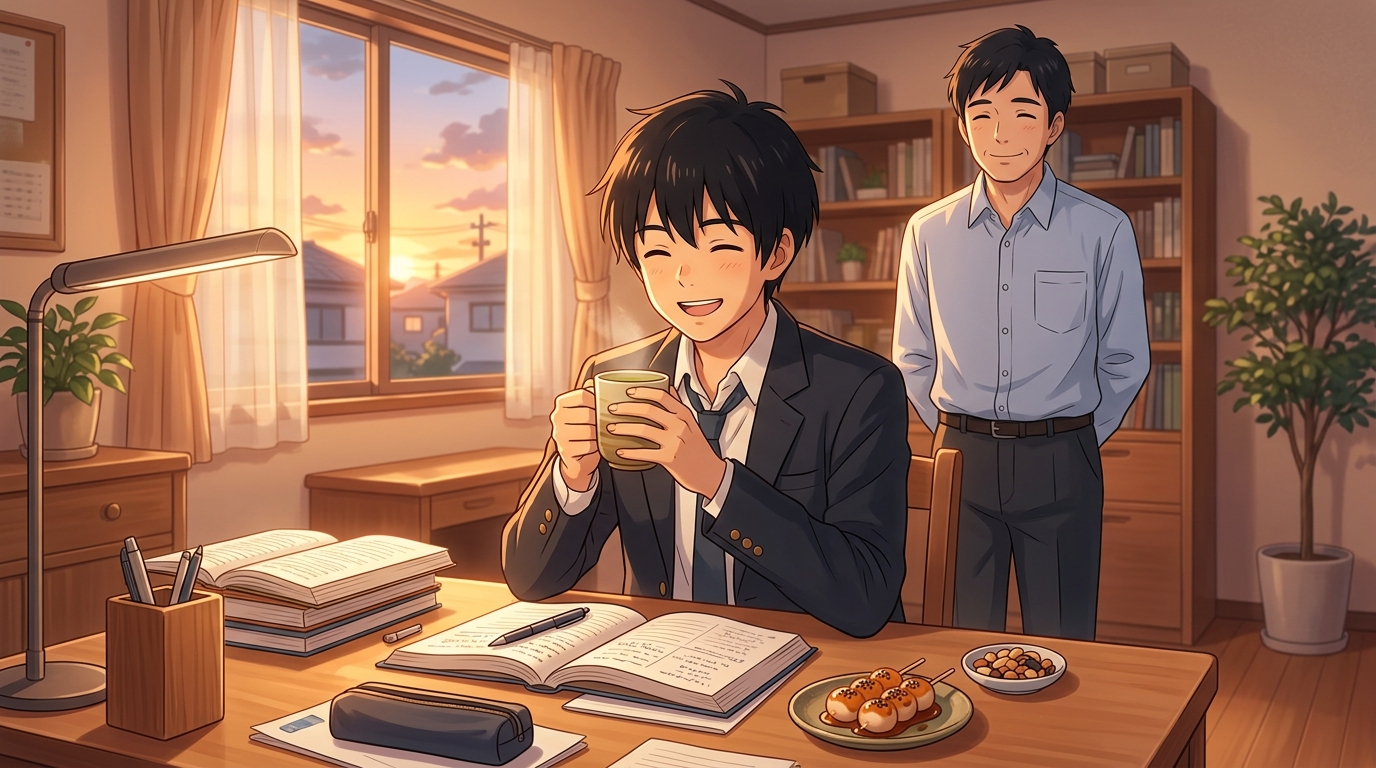 勉強を終えて達成感とともに温かいお茶で一息つく高校生と見守るたく先生