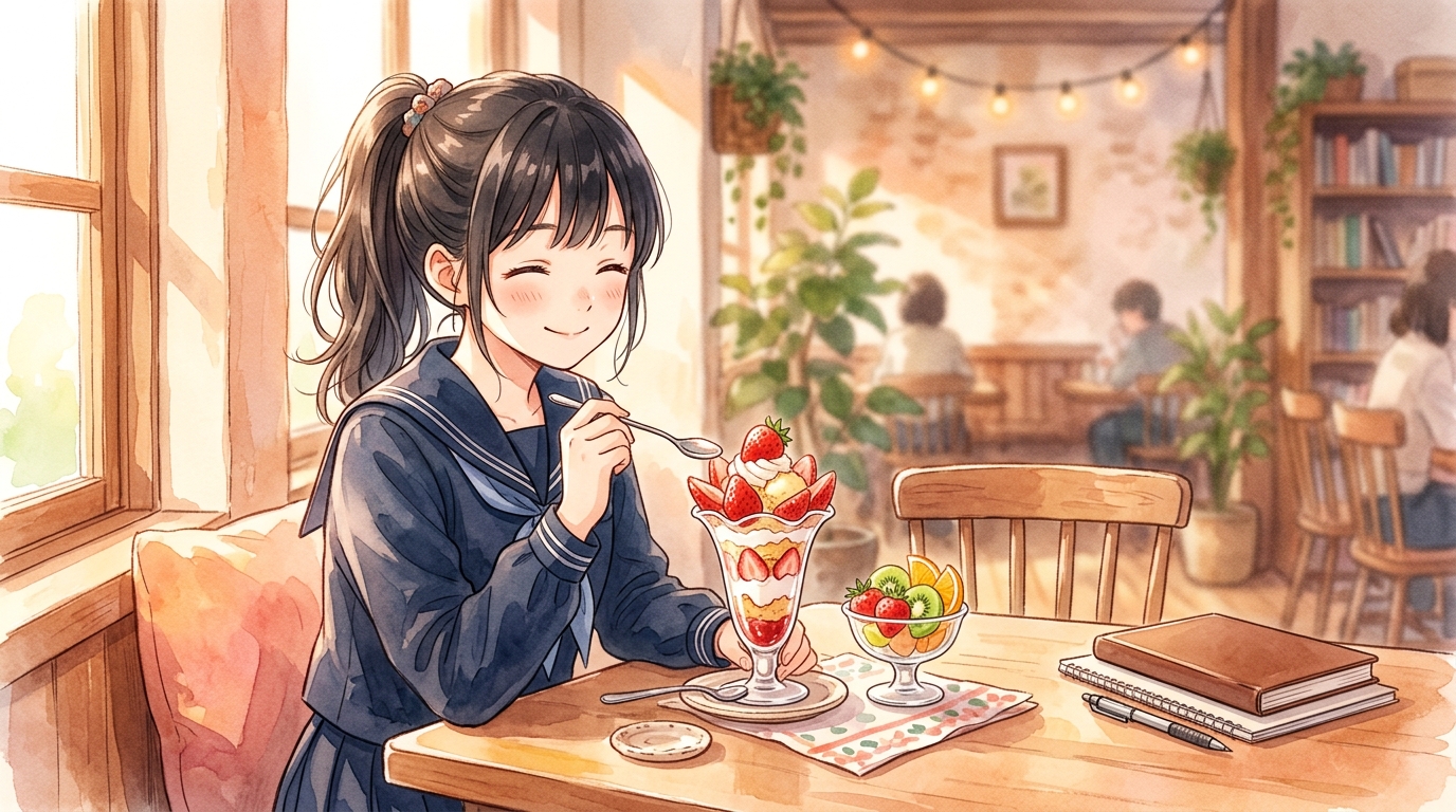 勉強をやり遂げた後にカフェで達成感とともにデザートを楽しむ女子高生