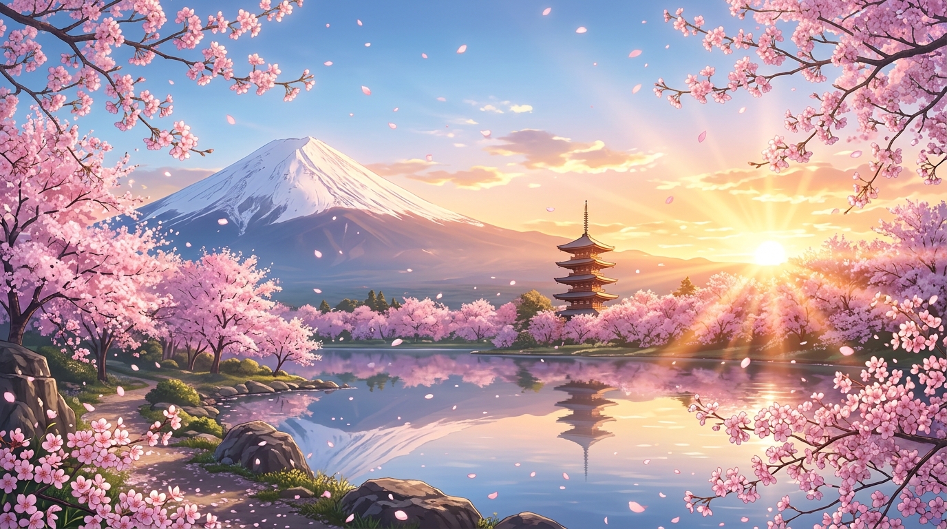 朝日を浴びる富士山と桜・文法完全マスターの達成感を表すパノラマ