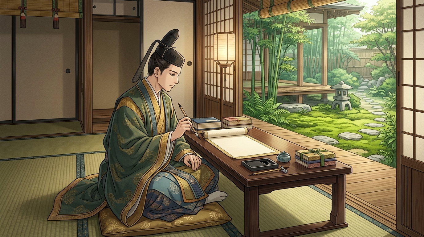 漢文の巻物を広げて如・若の訓読を学ぶ平安の学者