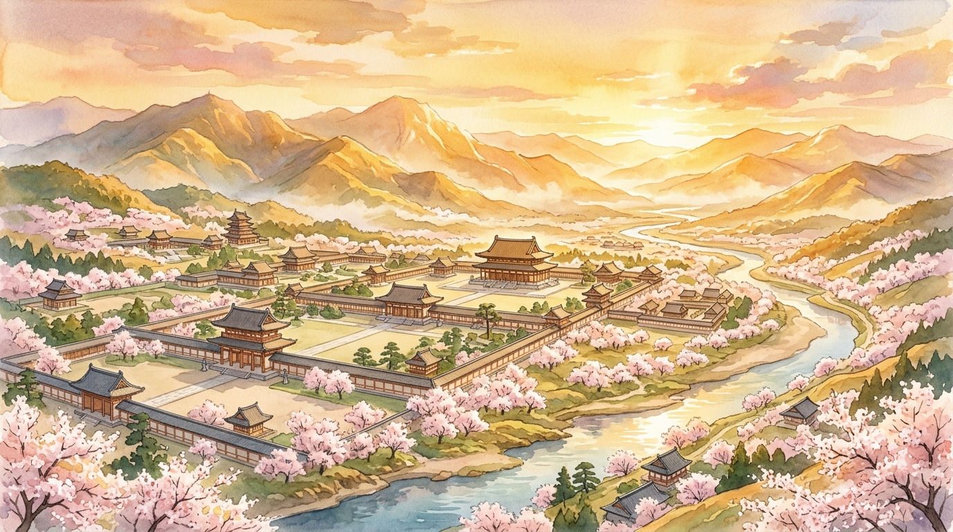 図4: 満開の桜と黄金色の朝日に輝く平安京大内裏と雄大な山並みの絶景パノラマ