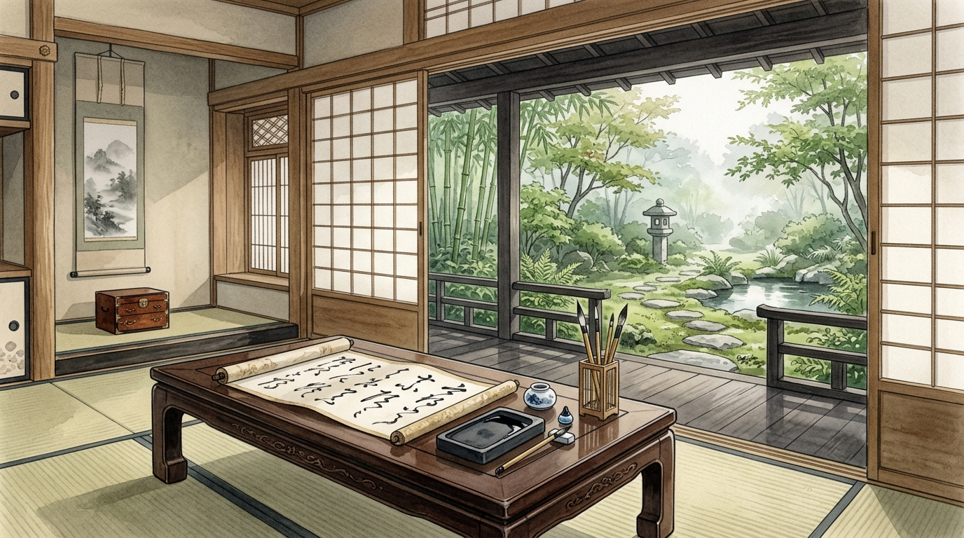 図1: 竹林を望む縁側で筆と硯が整えられ五十音図の巻物が広げられた静謐な書斎の風景