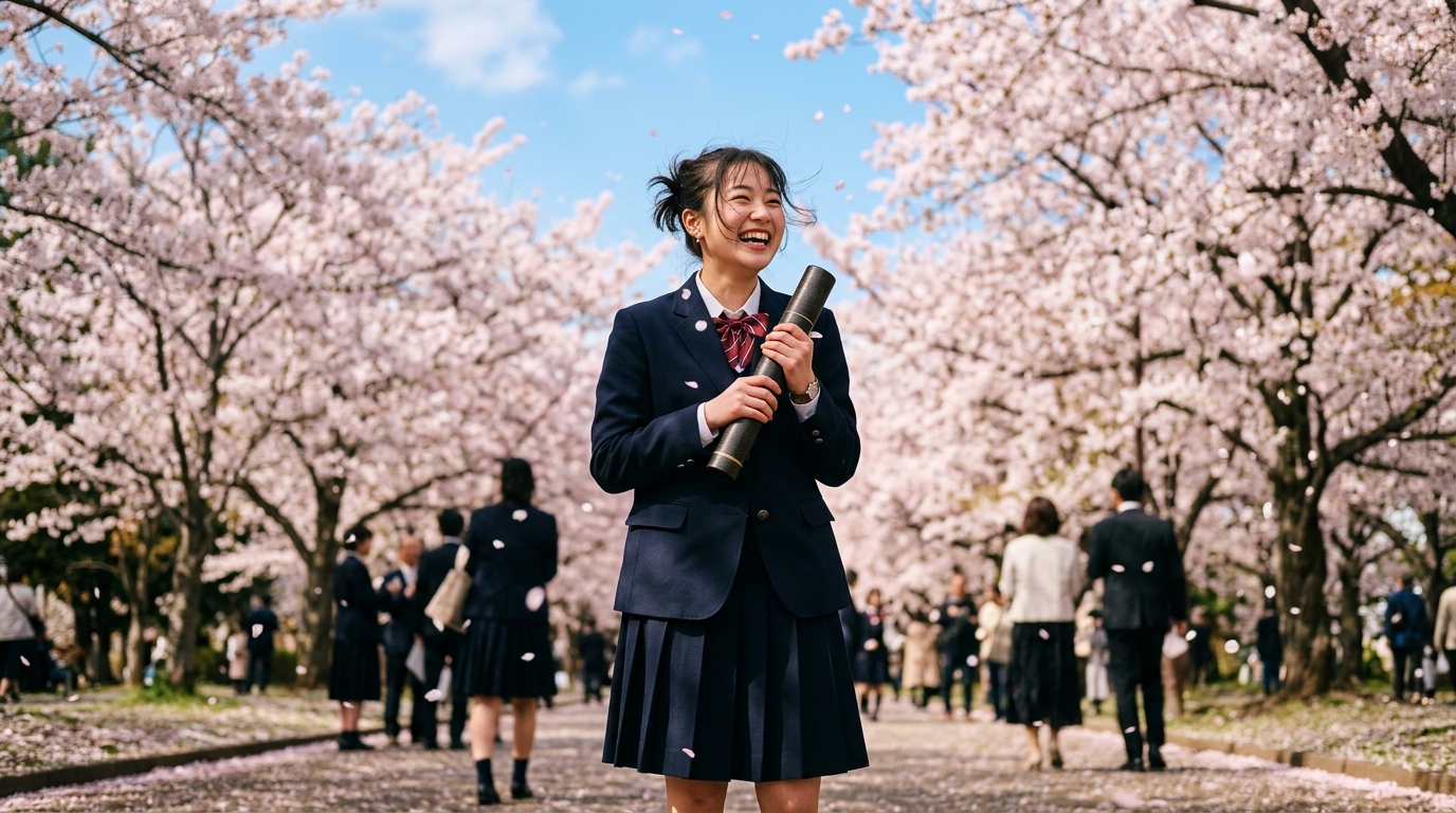 満開の桜の下で卒業証書を手に晴れやかに微笑む高校生