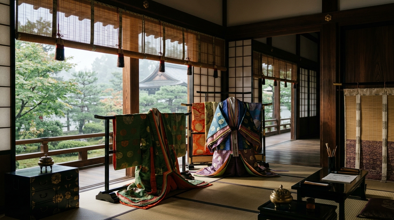 平安時代の寝殿造の和室と優雅な宮廷サロンの情景