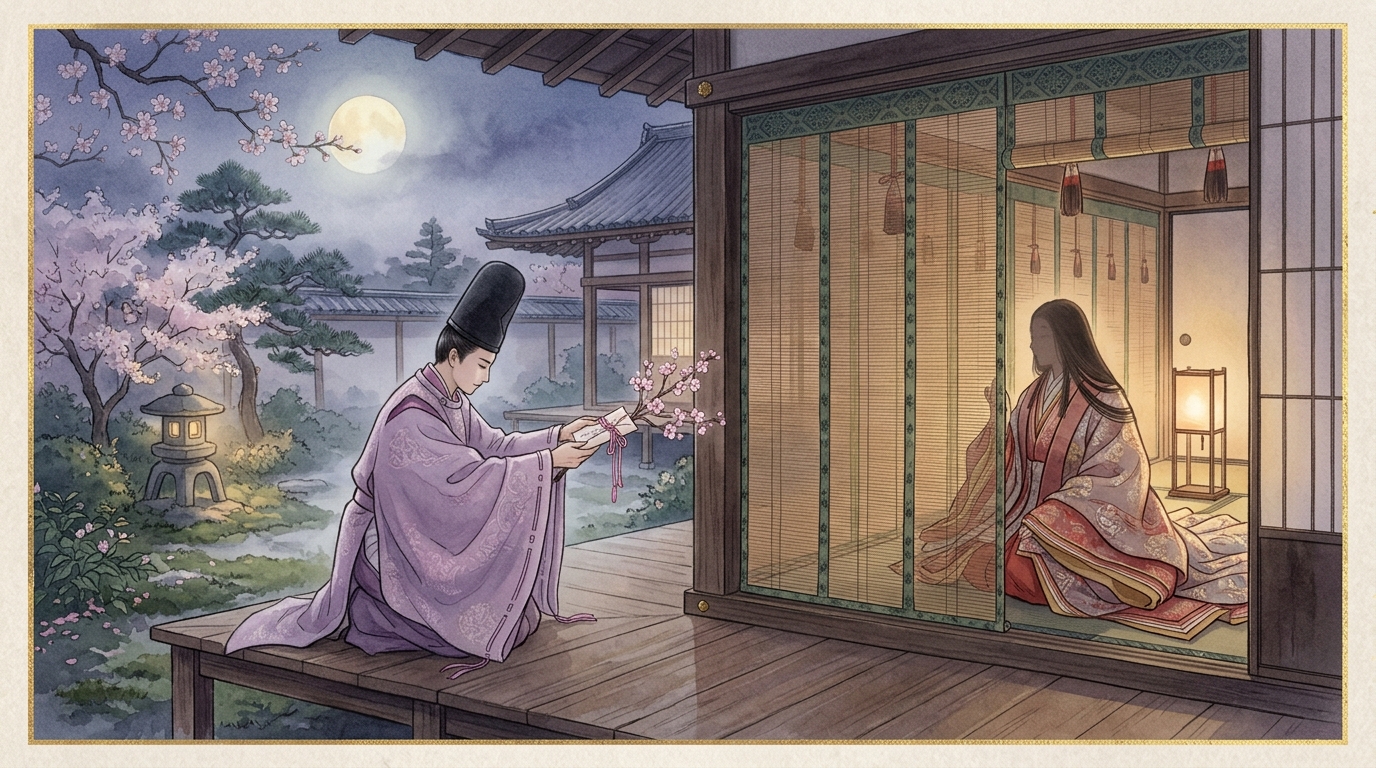 月夜の宮殿の御簾越しに桜の枝を結んだ和歌の文を贈る平安貴族の優美な求婚風景