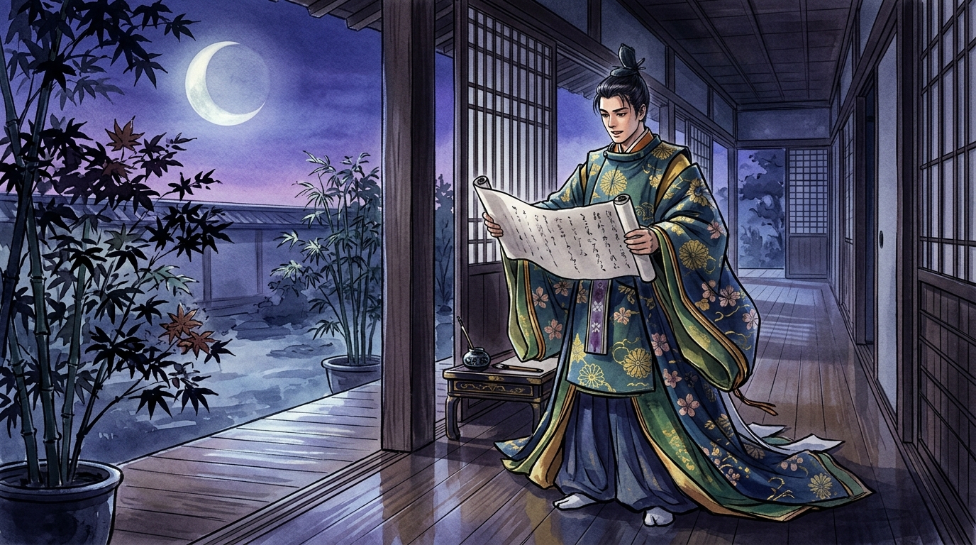 図3: 月明かりの下で情熱的な和歌の巻紙を広げて物思いに耽る光源氏の姿