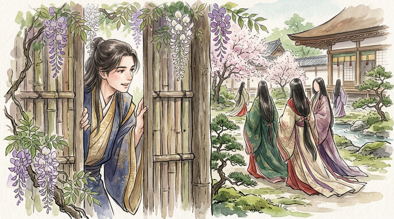 図2: 柴垣や庭の木々の隙間から姫君たちの姿を偶然覗き見る垣間見のドラマ