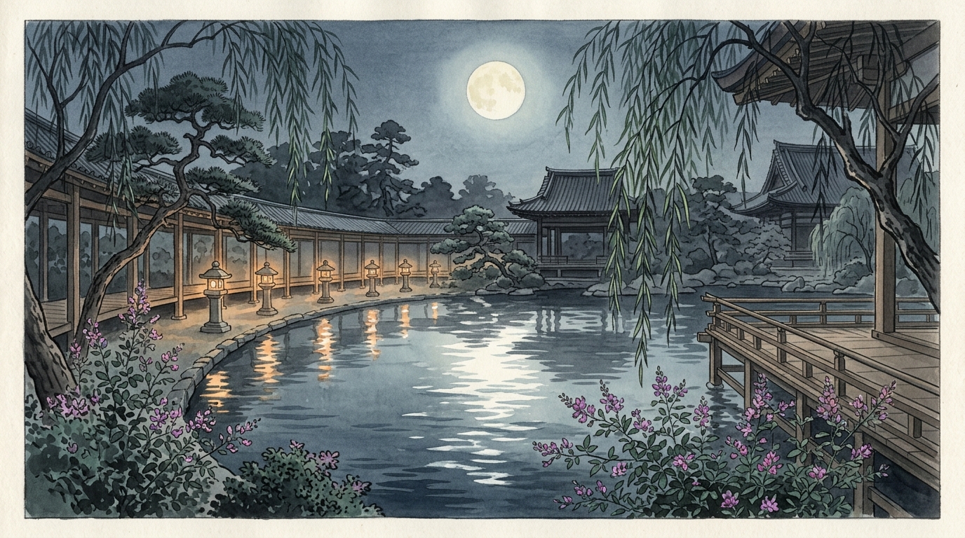 図4: 満月と萩の花が水面に映る平安京の寝殿造り庭園と古典恋愛文化のまとめイメージ