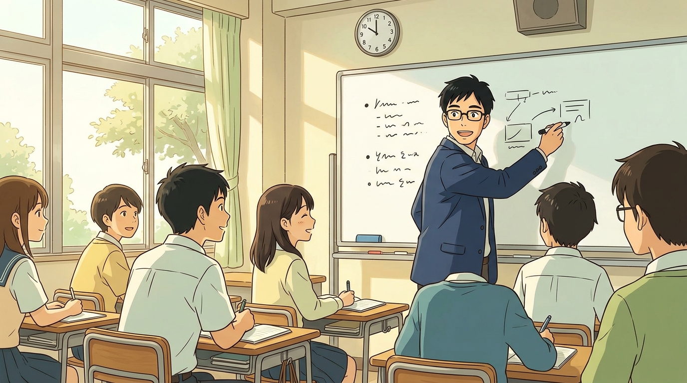 教室で方丈記の無常観とテスト対策をわかりやすく解説するたく先生
