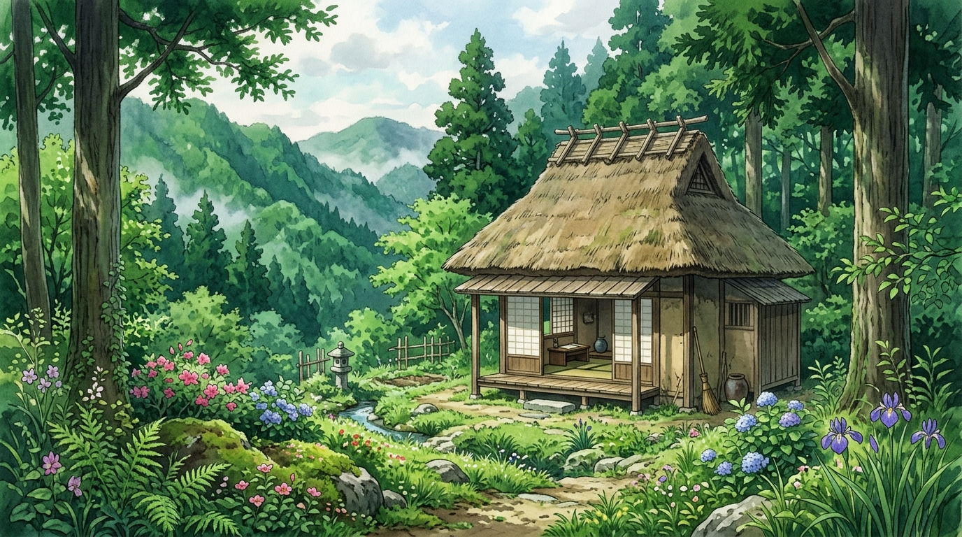 京都日野山の豊かな自然の中に佇む鴨長明の方丈の草庵