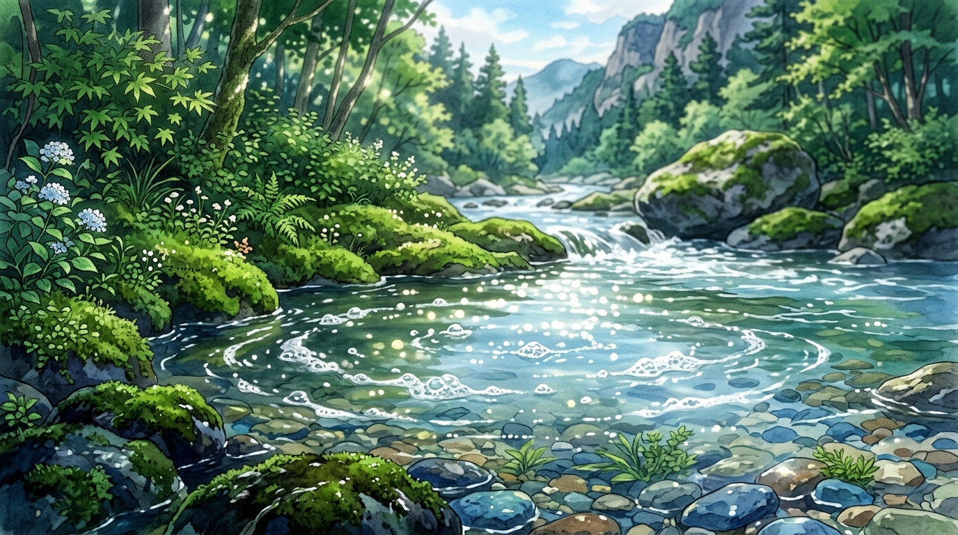清流の淀みに浮かびかつ消えかつ結ぶ水の泡の情景