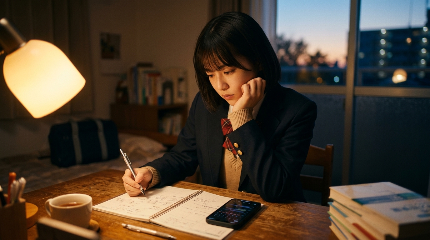 机に向かい手帳とスマートフォンを前に勉強計画の進め方に悩む高校生