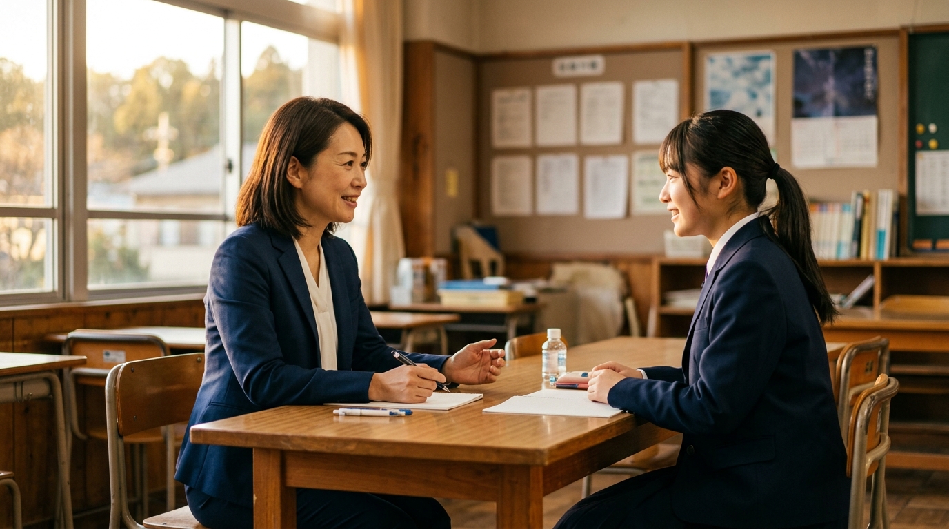 放課後の教室で先生と温かく面接練習を行う高校生