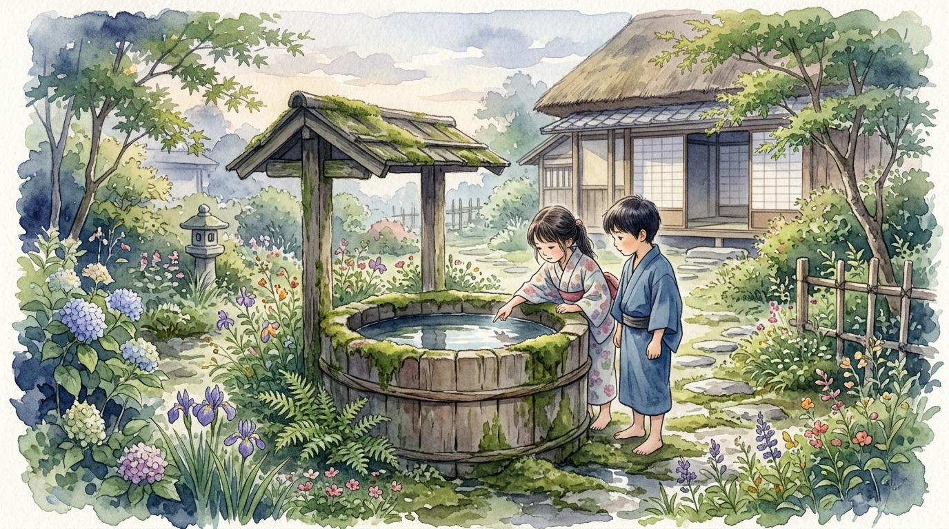 丸い井戸のほとりで幼なじみとして育ち純愛を誓い合う伊勢物語筒井筒段の情景