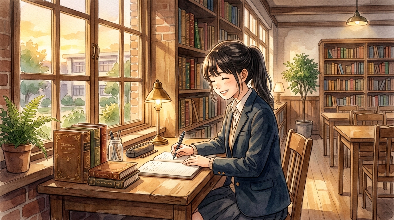 放課後の図書室でノートを広げて古典文法のなむ識別を整理する女子高校生