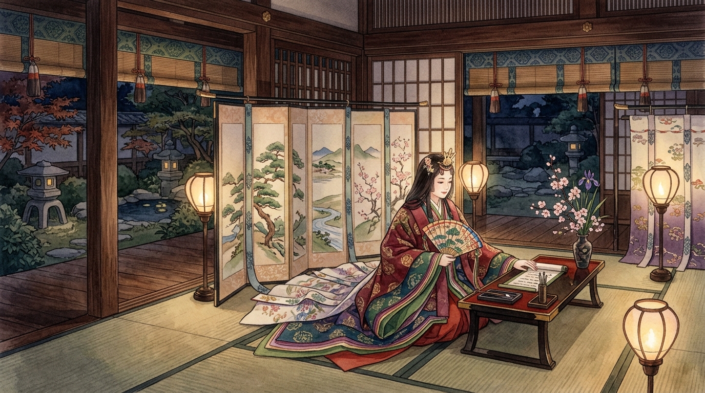 平安時代の寝殿造の几帳の奥に静かに座る高貴な姫君藤原高子
