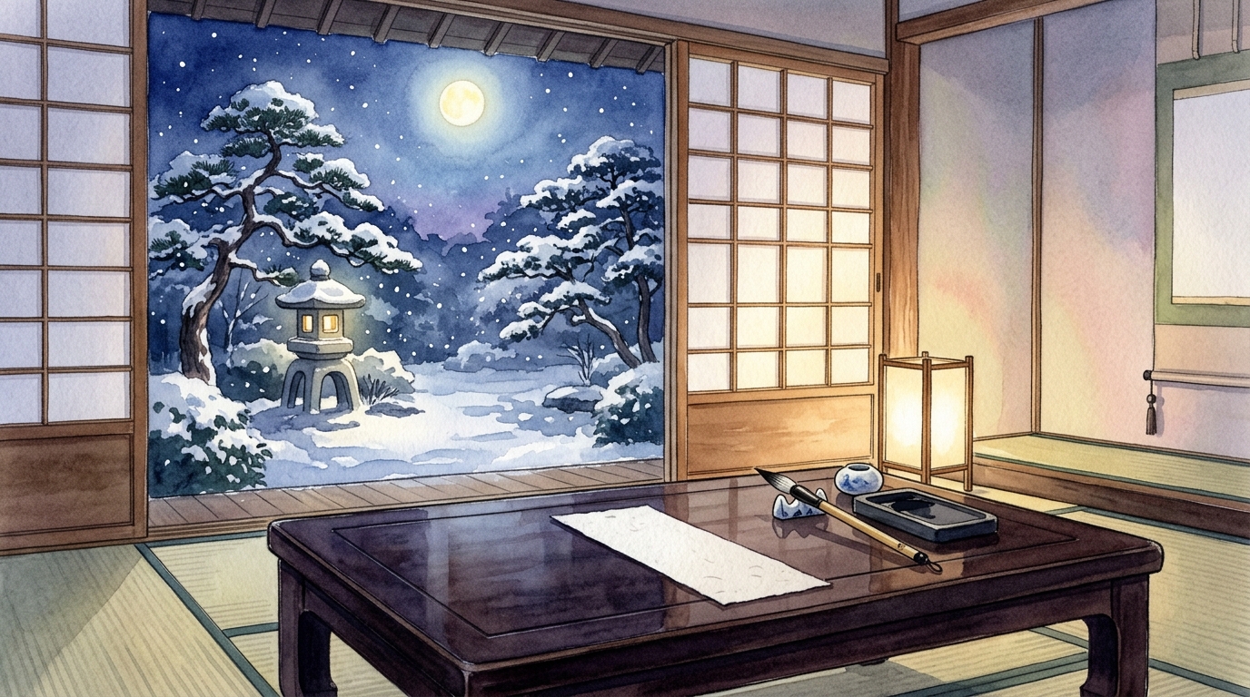 雪降る静寂の夜に文机の上で恋の和歌をしたためる短冊と筆