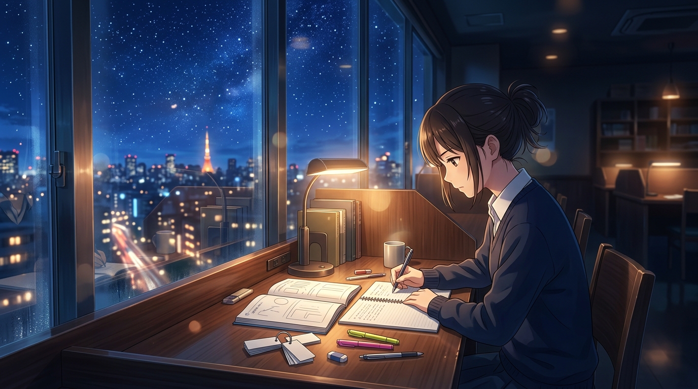 夜景を望む自習室ブースで大学入試問題集と古文単語帳に向き合う女子高生