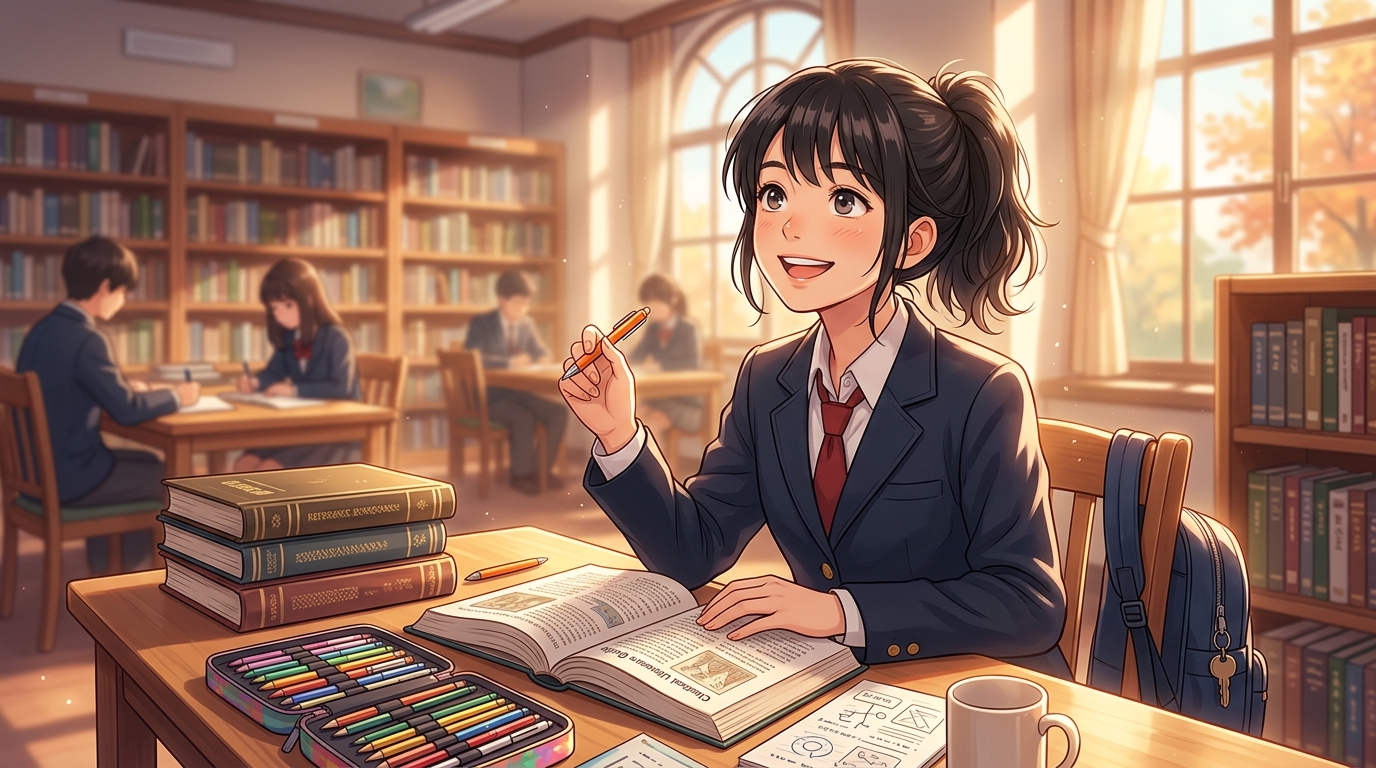 図書館の自習机で参考書を開き古文のブレイクスルーに笑顔を見せる女子高生