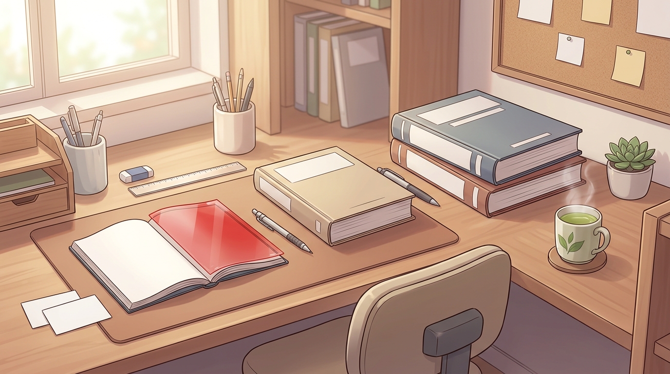 赤シートと段階的に整理された古文参考書ルートが並ぶ明るい勉強机