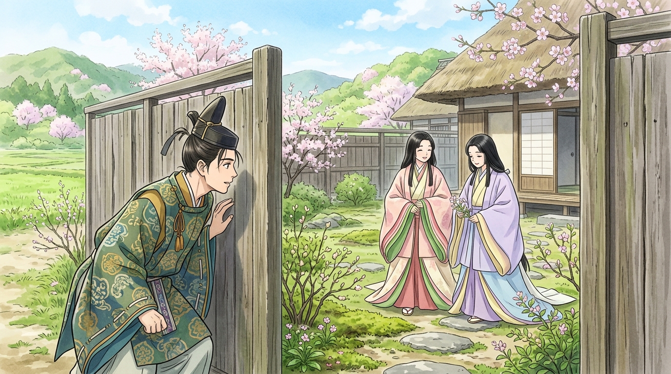 春日の里で美しい姉妹を垣間見する若き貴族(伊勢物語)