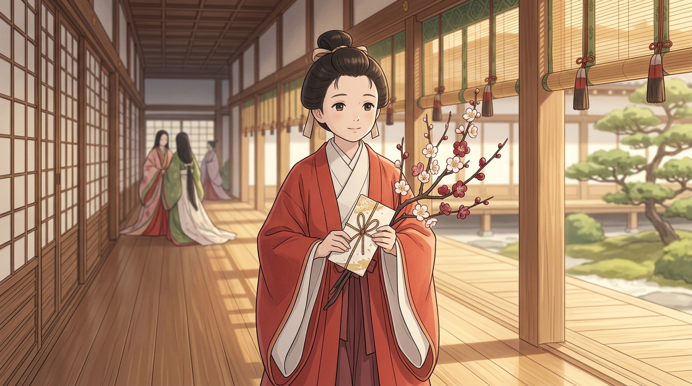 和歌を結んだ枝を運ぶ平安貴族の使者