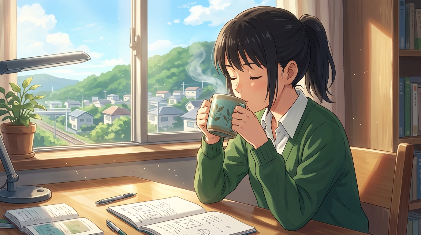 勉強机で温かいマグカップを持ち仮眠前のカフェインナップを実践する女子生徒
