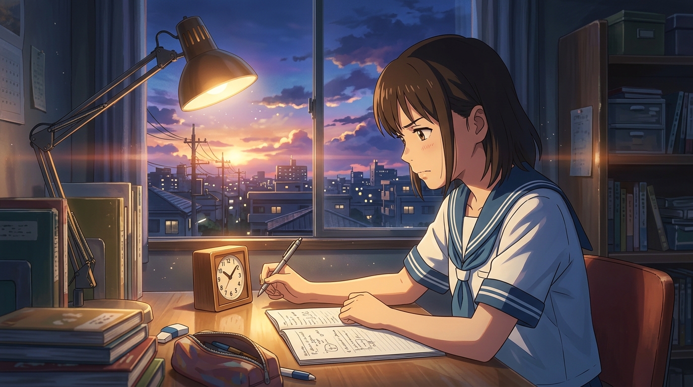 夕暮れ時の学習机で時計を見つめ夜の睡眠のために集中を保つ女子高校生