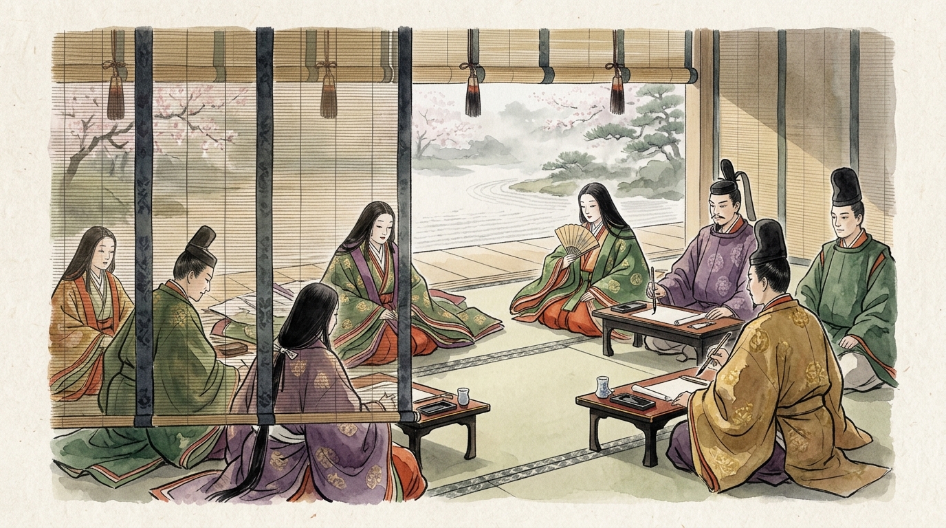 図3: 『源氏物語』桐壺巻で描かれた上達部・上人たちと後宮サロンの緊迫した情景