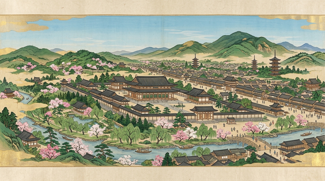 春の桜と平安京の壮麗な都のパノラマ景観