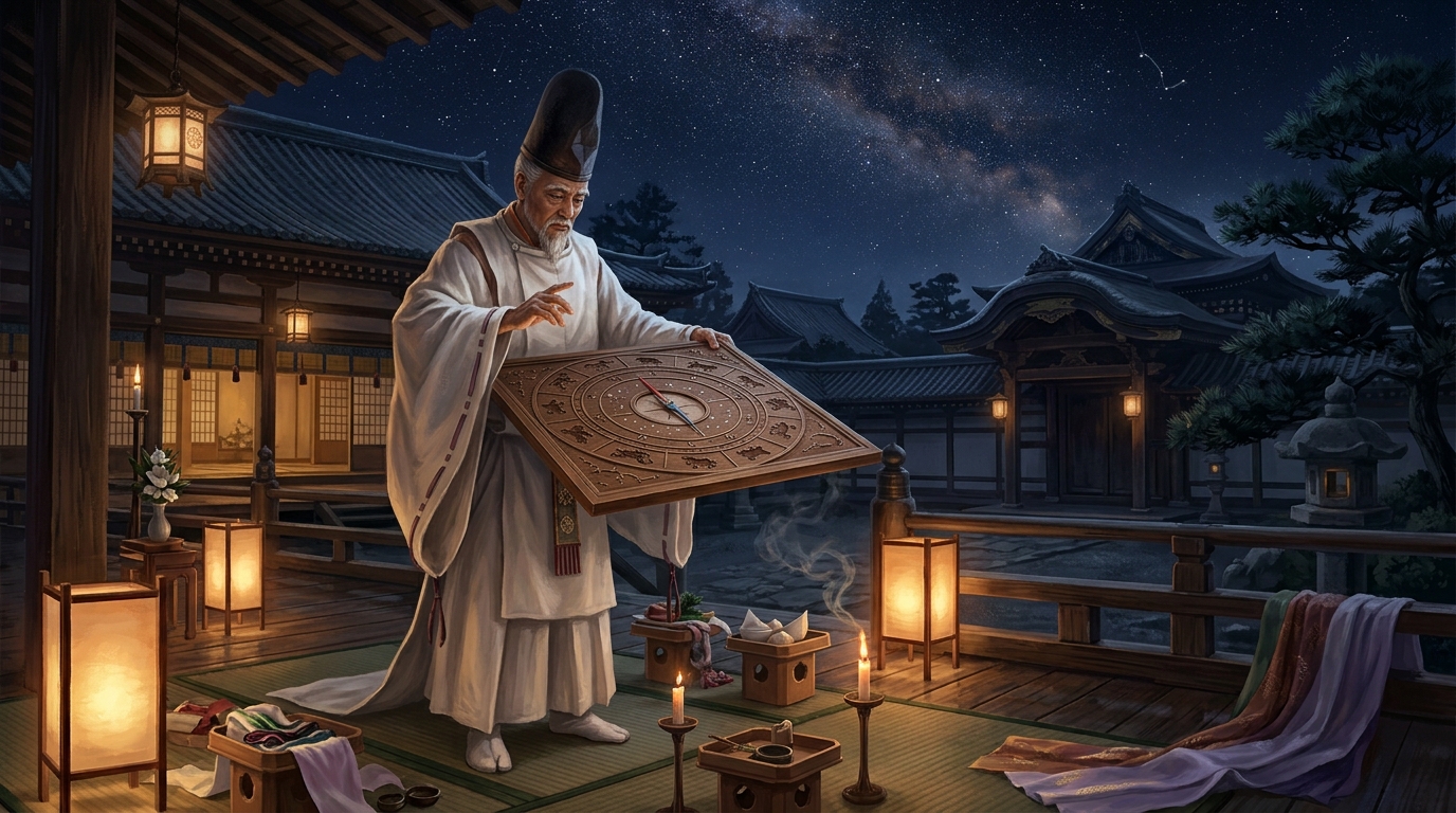 星空の下で方位盤を持ち吉凶を占う陰陽師