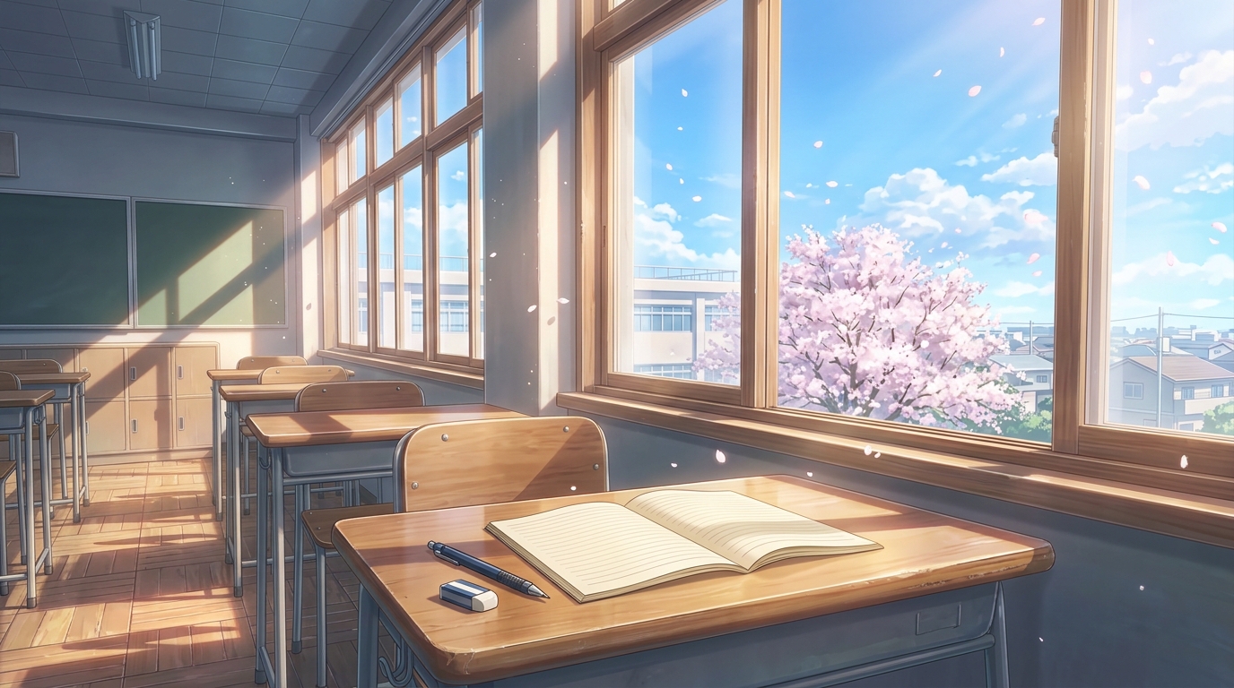 朝の光が差し込む高校の教室の机に置かれた古文のノートと青空に舞う桜の花びら