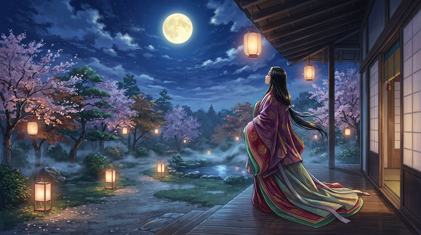 満月が輝く夜の庭園で静かに月を見上げる平安時代の十二単の女性