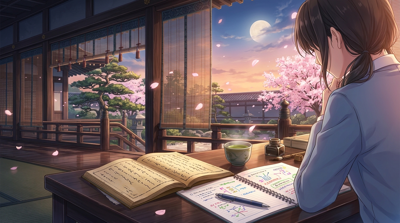 平安貴族の御殿の縁側と桜を背景に開かれた古典教科書とノートで勉強する女子高生