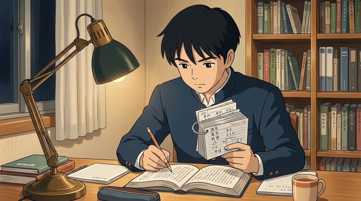 自習机で単語カードをめくりながら給ふや奉るの本動詞と補助動詞を分析する男子高生