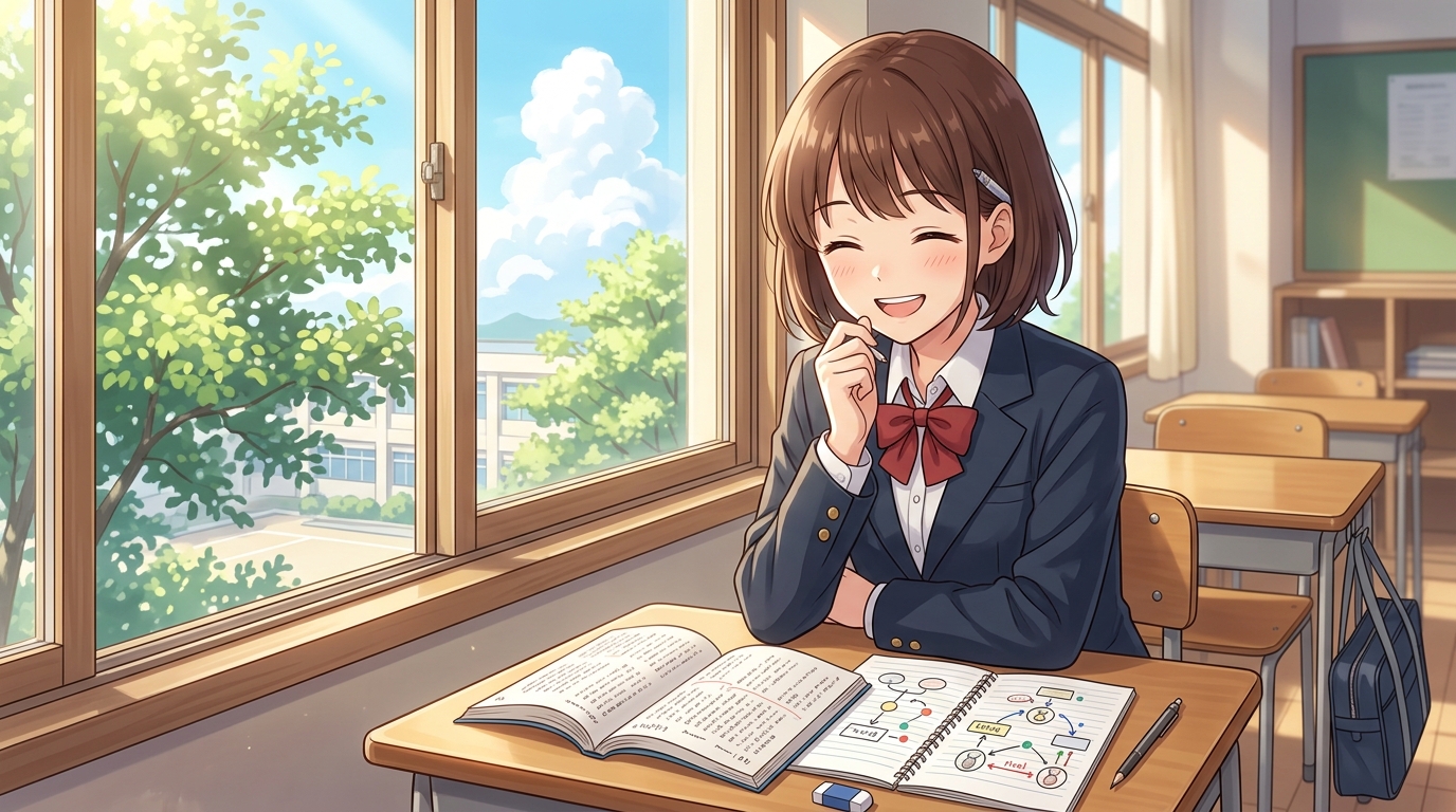 窓際の机で登場人物の相関図ノートを前に達成感あふれる笑顔を見せる女子高生