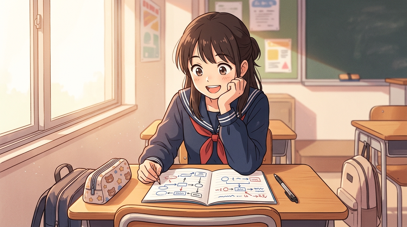 教室の机で敬語の方向を示す矢印ノートを開き納得の笑顔を見せる女子高生