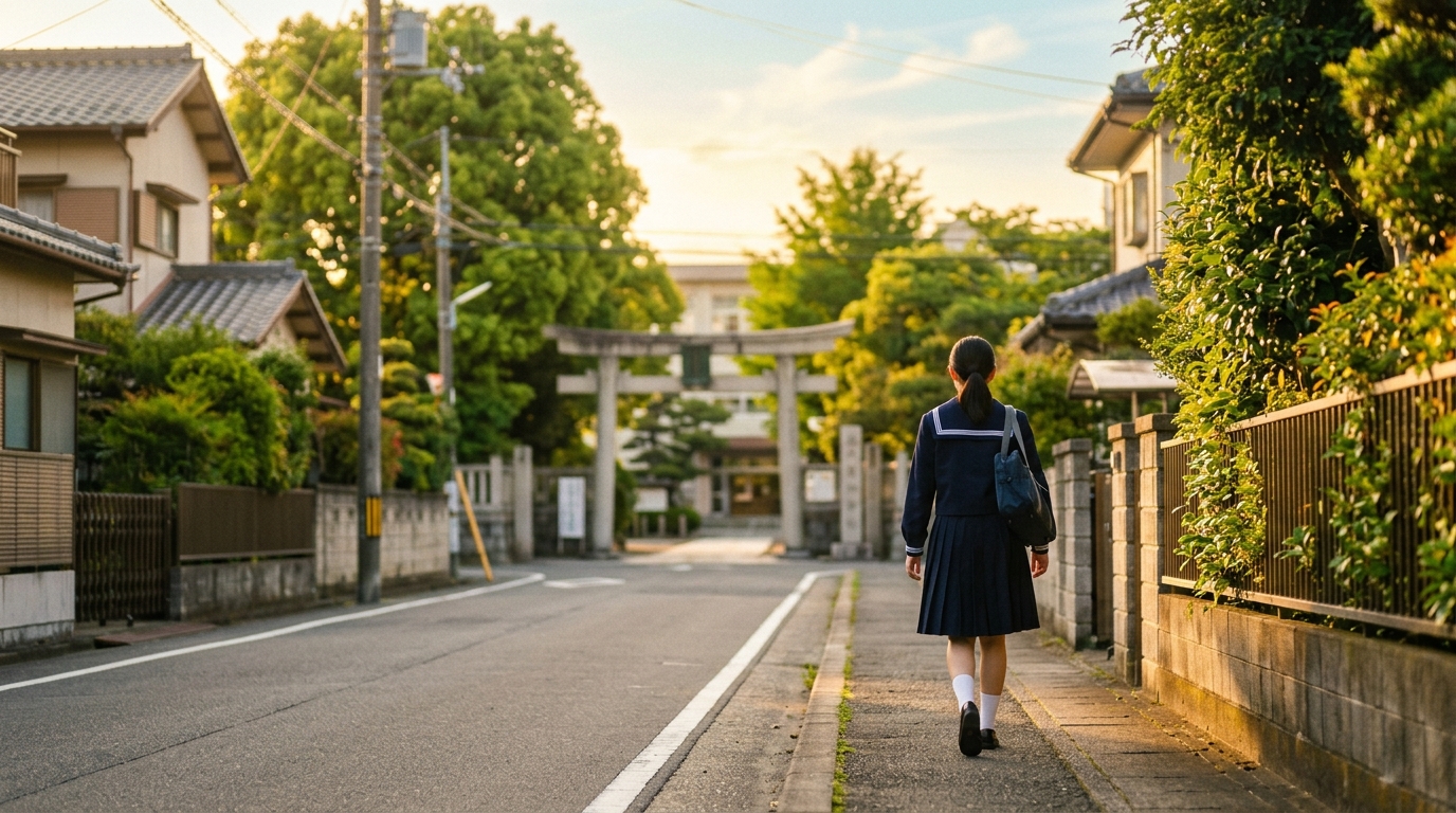 朝の通学路を高校へ向かって前向きに歩く高校生の情景