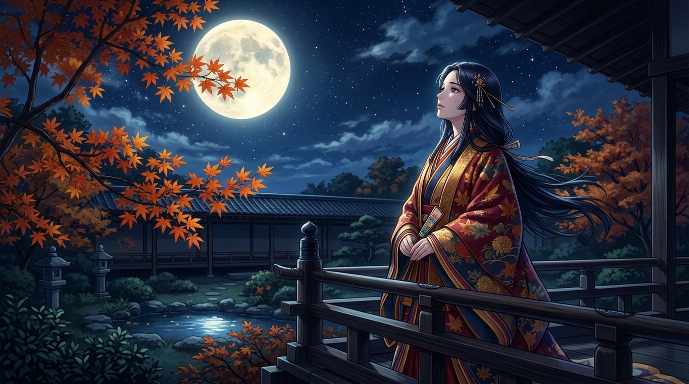 月夜に和歌を詠む平安女性の情景