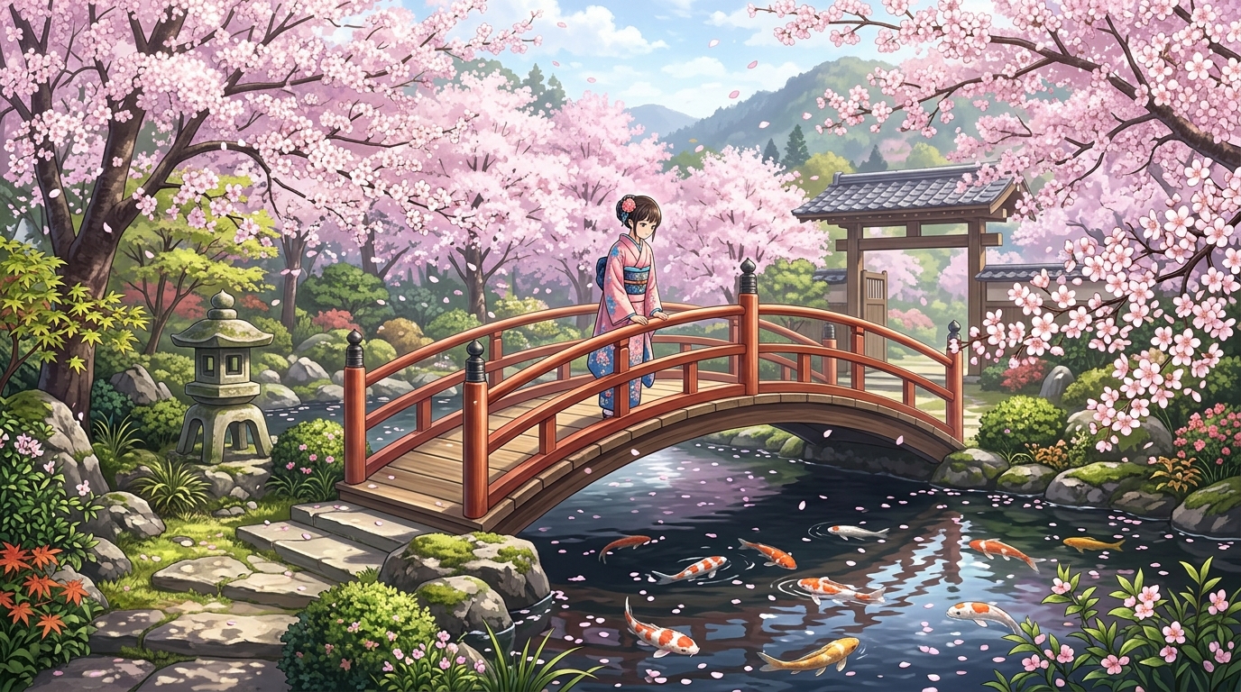 春の桜と日本庭園の情景