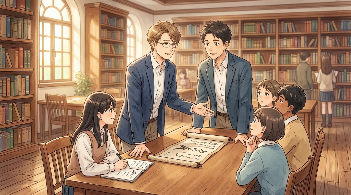 たく先生が古文を分かりやすく教える情景