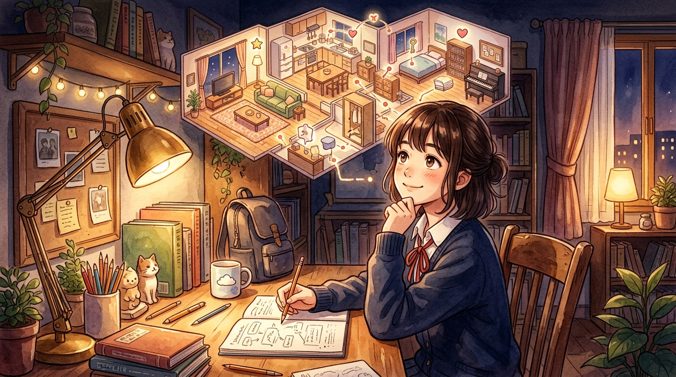 部屋の間取りと家具の配置をイメージしながら勉強机で笑顔を浮かべる女子生徒