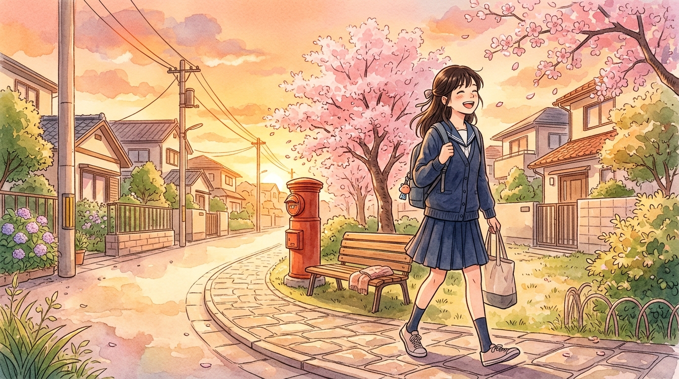 夕暮れの桜並木や街並みを笑顔で歩きながら新しい記憶の場所を探索する高校生