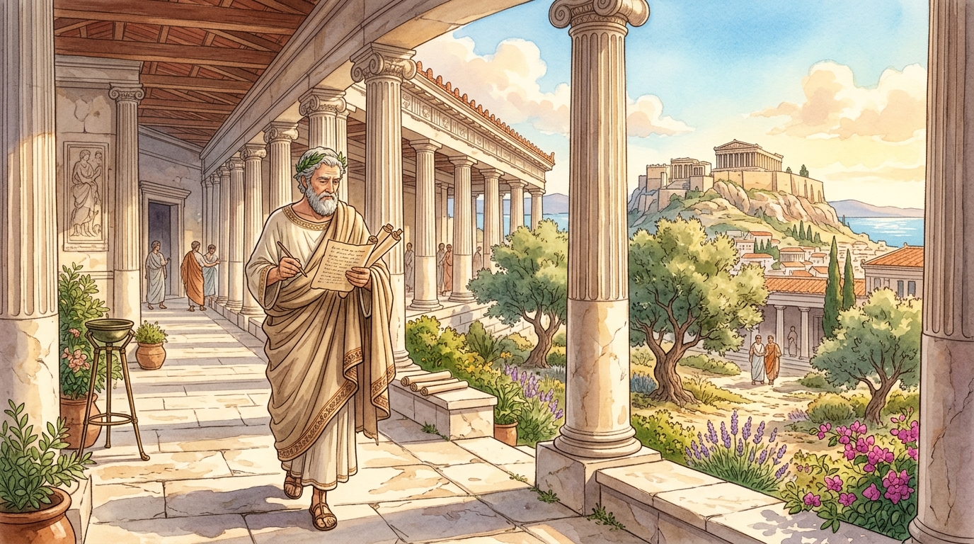 古代ギリシャの大理石の回廊を歩きながら思索にふける詩人シモニデスの情景