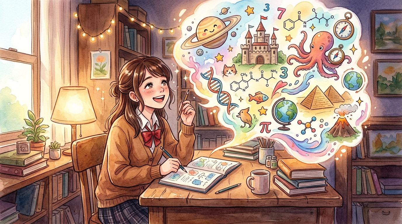 頭の中にカラフルで鮮やかな想像のイメージを広げながら楽しく勉強する高校生