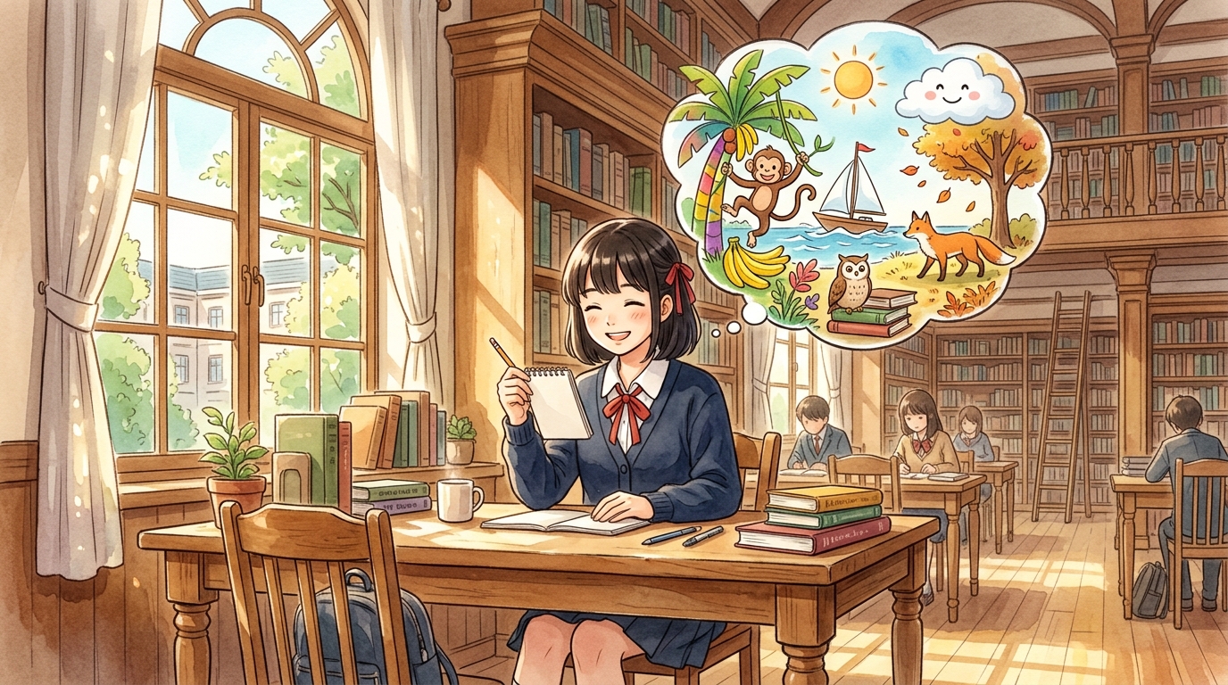 図書館の机で単語帳を開き具体的なビジュアルイメージを思い描く女子生徒