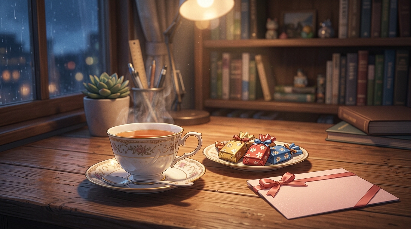 木目調の机の上に置かれた温かい紅茶とお菓子に添えられたシンプルな手書きカードの静物