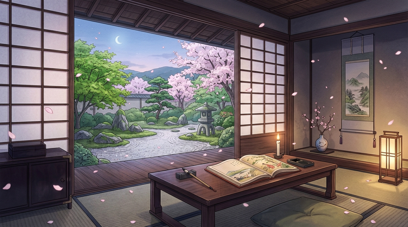 桜の花びらが舞う枯山水庭園を望む和風書斎に開かれた古典絵巻物