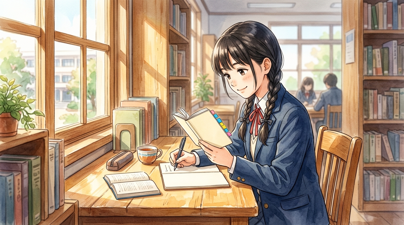 窓辺の光が差し込む図書館で古文単語帳を開いて集中する女子高生